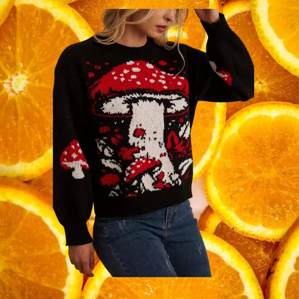 Mushroom Black Red and White Sweater‎ Size XL